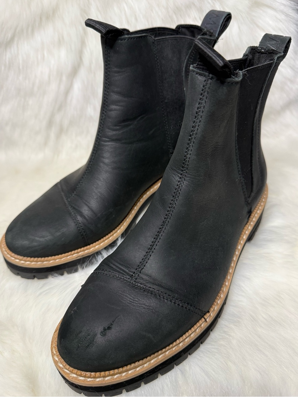 Toms Black Leather Chelsea Moto Boots with Lug Sole and Tan Welt